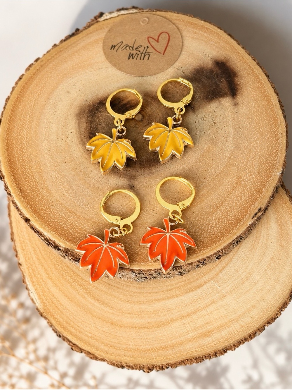 Gold-Plated fall Leaf Hoop Earrings in Yellow & Orange